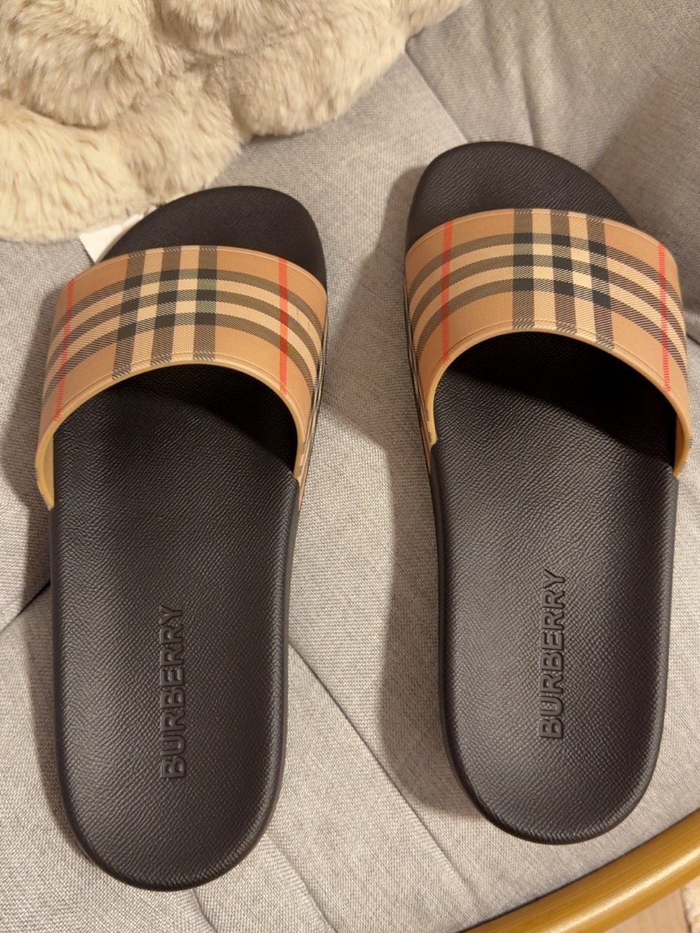 Burberry Tan Vintage Check Slide Sandals with Black Footbed